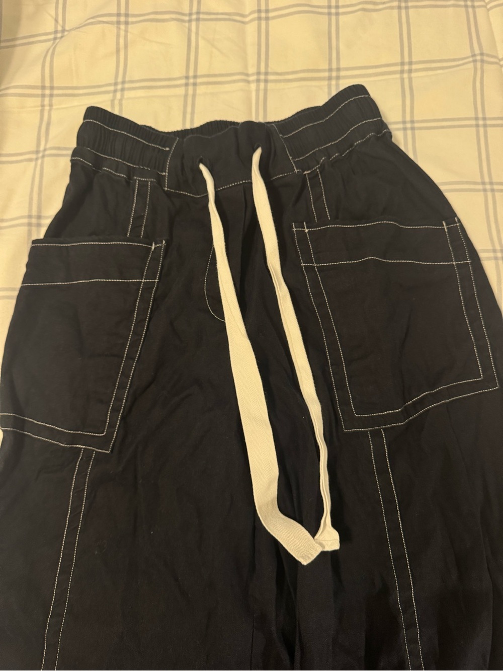 Anthropologie Black Drawstring Wide-Leg Pants with Contrast Stitching